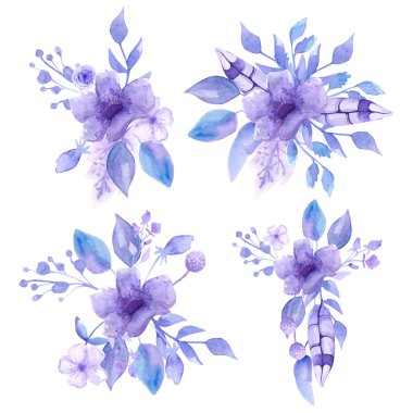 Suluboya besteleri ve suluboya ihale Lila çiçek demetleri. Kayıt kartları, dizüstü bilgisayarlar, davet için. İzole ediyor. Bahar ve Düğün Temalar.