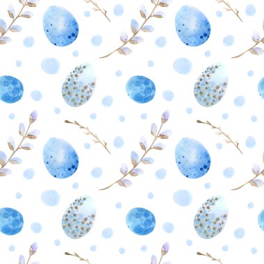 Seamless modeli. Paskalya yumurtaları, mavi suluboya yumurta, arka plan beyaz benekli. El ile çizim suluboya.