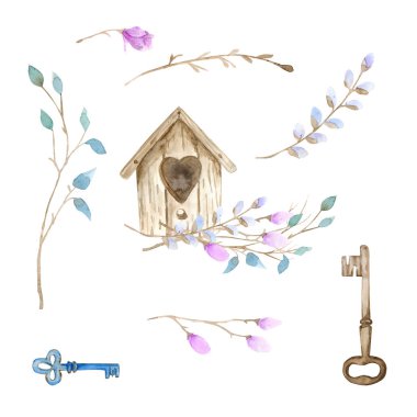 Dekoratif kümesi çizilmiş Paskalya doodle elemanları tasarımı için ver. Sulu Boya doku ile kit