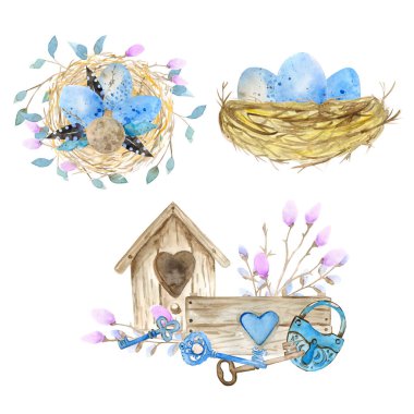 Dekoratif kümesi çizilmiş Paskalya doodle elemanları tasarımı için ver. Sulu Boya doku ile kit