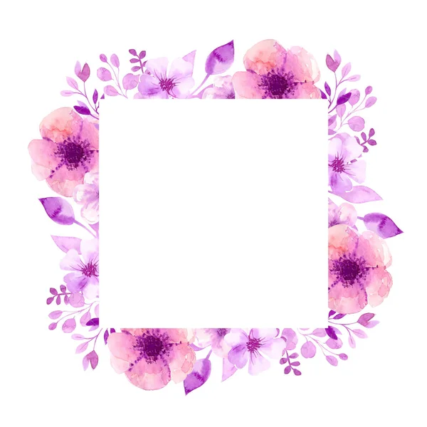 Kwadratowy szkielet akwarela kwiatów, liści, gałązek. Na białym tle. Na zaproszenia ślubne. Ilustracja akwarela, Rysunek odręczny. — Zdjęcie stockowe