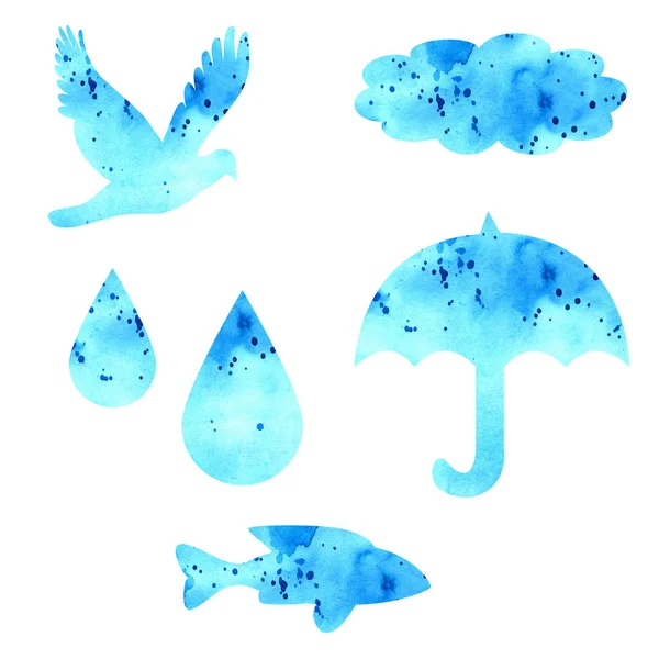 Aquarell isoliert auf weißem Hintergrund. Hintergrund-Aquarell. Vogel, Regenschirm, Regentropfen, Fische, blaue Wolken. — Stockfoto
