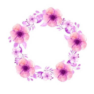 Kiraz, elma, badem, Sakura çiçekleri ile çerçeve çelenk. El ile suluboya çizimi. Pembe suluboya çiçekler ve dallar düğün kompozisyon toplanan