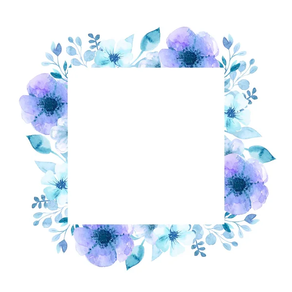 Ένα τετράγωνο πλαίσιο από ακρυλικά λουλούδια, φύλλα, κλαδιά. Σε ένα λευκό απομονωμένο φόντο. Για προσκλήσεις γάμου. Απεικόνιση υδατογραφηματού, ελεύθερο σχέδιο. — Φωτογραφία Αρχείου
