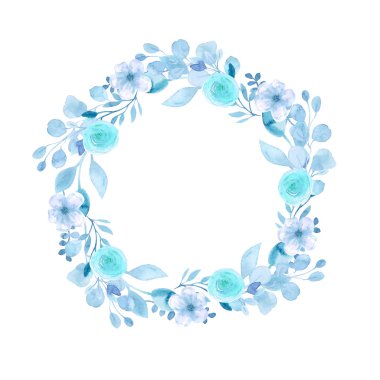 Kiraz, elma, badem, Sakura çiçekleri ile çerçeve çelenk. El ile suluboya çizimi. Mavi suluboya çiçekler ve dallar düğün kompozisyon toplanan