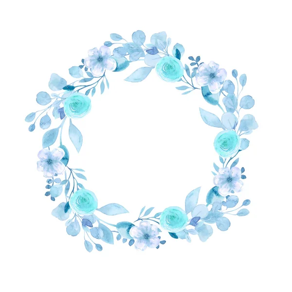 Cornice corona con fiori di ciliegia, mela, mandorla, sakura.Acquerello disegno a mano. Fiori ad acquerello blu e ramoscelli raccolti nella composizione del matrimonio — Foto Stock