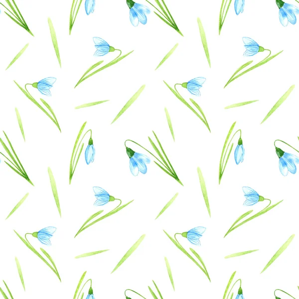 緑の葉がある水彩画の青いスノードロップ。シームレスなパターン, — ストック写真