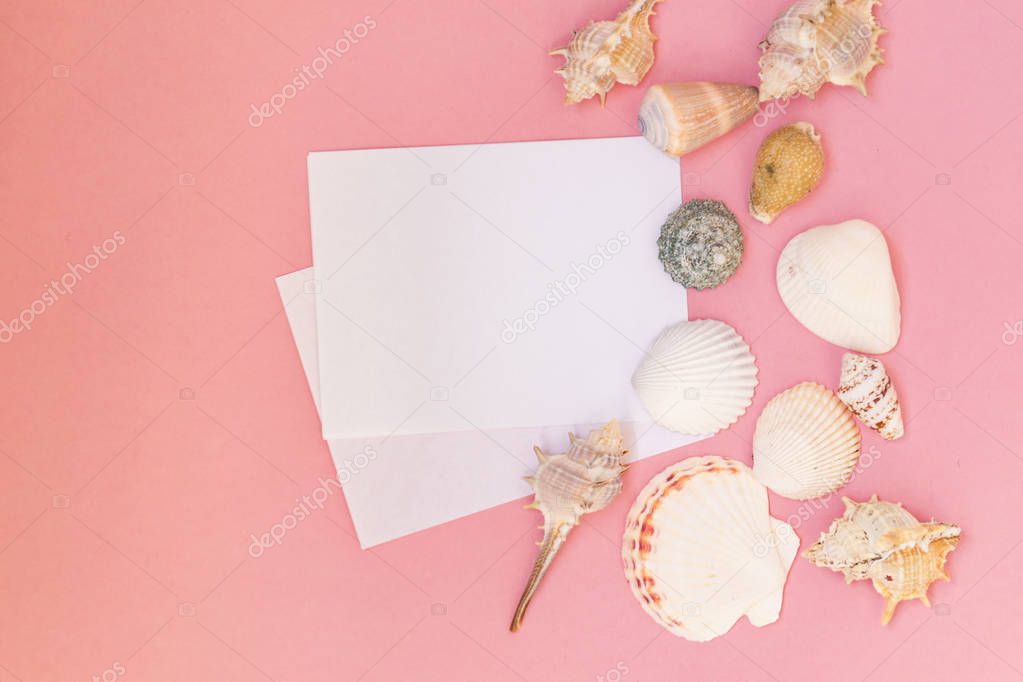 Empty white sheet of paper for text on a pink background. Background with shells and pebbles.