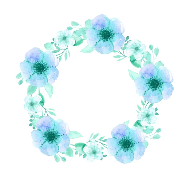 Σκελετό στεφάνι με λουλούδια από κεράσι, μήλο, αμύγδαλο, Sakura. Ζωγραφική με το χέρι. Μπλε λουλούδια υδατογραφεί, και κλαδιά που συλλέγονται στη σύνθεση του γάμου — Φωτογραφία Αρχείου