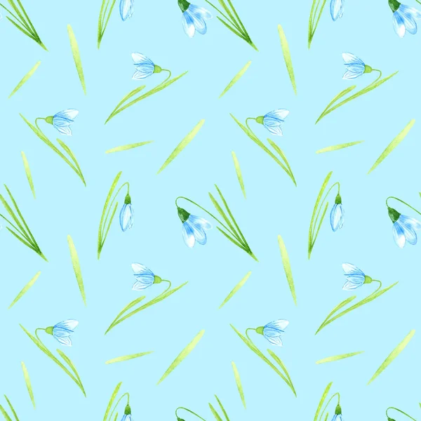 Aquarell blaue Schneeglöckchen mit grünen Blättern. nahtloses Muster, — Stockfoto