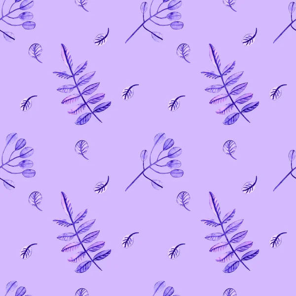 Aquarellmuster mit Aquarellfedern und Blumen auf weißem Hintergrund. gut zum Bedrucken von Stoffen geeignet. Farben lila und blau — Stockfoto