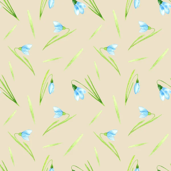 Akwarela niebieskie Śnieżki z zielonymi liśćmi. Bezszwowy wzór, — Zdjęcie stockowe