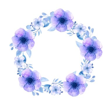 Kiraz, elma, badem, Sakura çiçekleri ile çerçeve çelenk. El ile suluboya çizimi. Mavi suluboya çiçekler ve dallar düğün kompozisyon toplanan