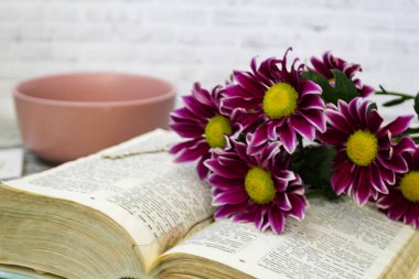 Pembe krizantem çiçekleri açık bir kitabın üzerinde masanın üzerinde yatıyor. Yakında gümüş bir anahtar var..