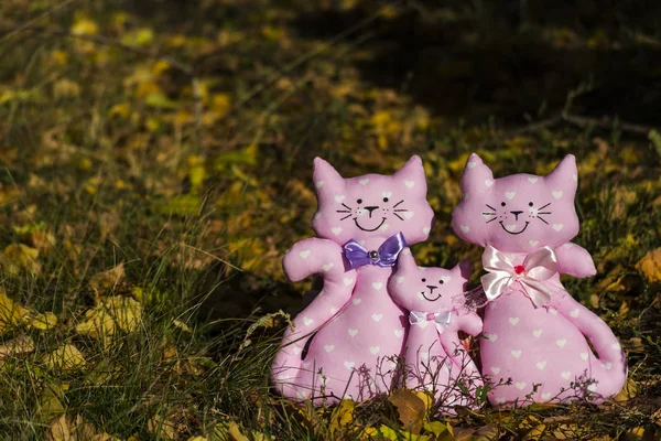 Três brinquedos têxteis de um gato, sentados em conjunto em uma folhagem amarela, em um prado. Conceito de família, protecção da criança. Rummy fundo . — Fotografia de Stock