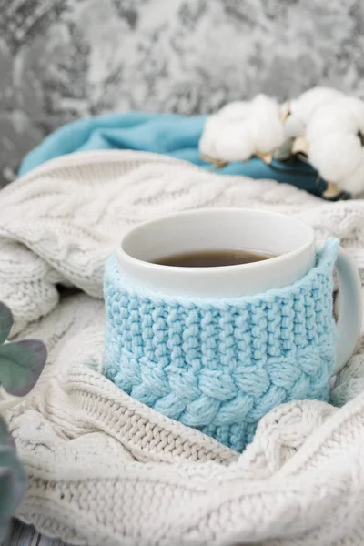 Taza blanca con té en un marco azul de punto y envuelto en un tejido a cuadros de punto blanco. En el fondo, ramitas de eucalipto y algodón. Desayuno en la cama. Acogedor . —  Fotos de Stock