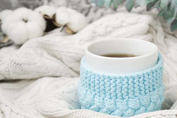 Taza blanca con té en un marco azul de punto y envuelto en un tejido a cuadros de punto blanco. En el fondo, ramitas de eucalipto y algodón. Desayuno en la cama. Acogedor . —  Fotos de Stock