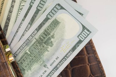 Yüz dolarlık banknotların gözetlendiği kahverengi deri bir cüzdan ve çeşitli mezhepler.