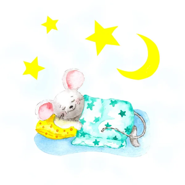 The gray mouse sleeps on a yellow pillow and is covered with a blanket under the stars and the month. Concept for baby sleep, christmas, and year of the rat.