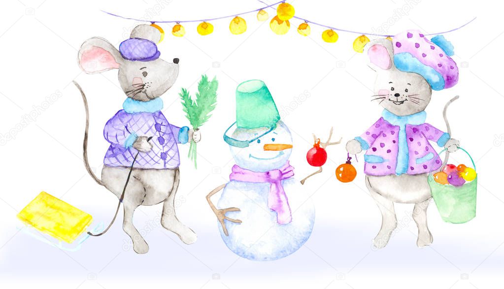 Two gray mice build a snowman out of snow. And decorate with Christmas balls. Concept New Year of the Rat, Christmas, children's winter fun.