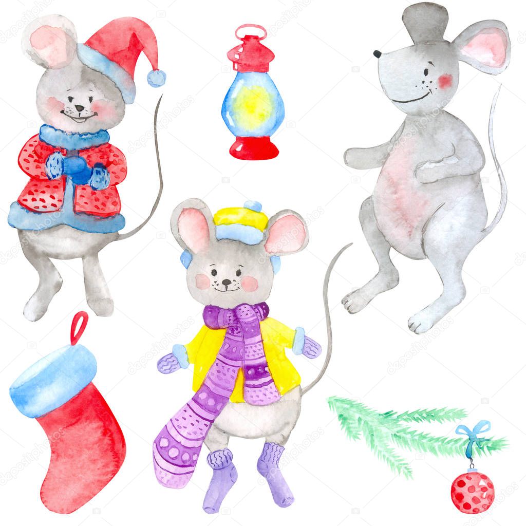 A set of three gray mice, a lantern, a boot, and a spruce branch with a Christmas ball. Concept New Year of the Rat, Christmas, children's winter fun.