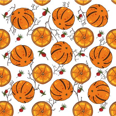 Web Vektörü Noel karesi, çalı çırpı deseni, portakal mandalları, gül çilekleri. Noel, yeni yıl konsepti. Kartpostalların, çerçevelerin, duvarların, kumaşların tasarımı için..