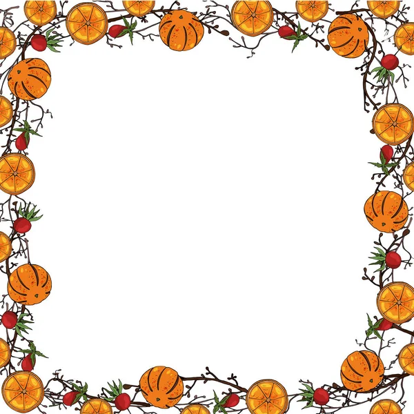 Web Vector Natal quadro quadrado de galhos, tangerinas laranja, bagas de rosa mosqueta. Natal, conceito de Ano Novo. Para o design de cartões postais e quadros —  Vetores de Stock