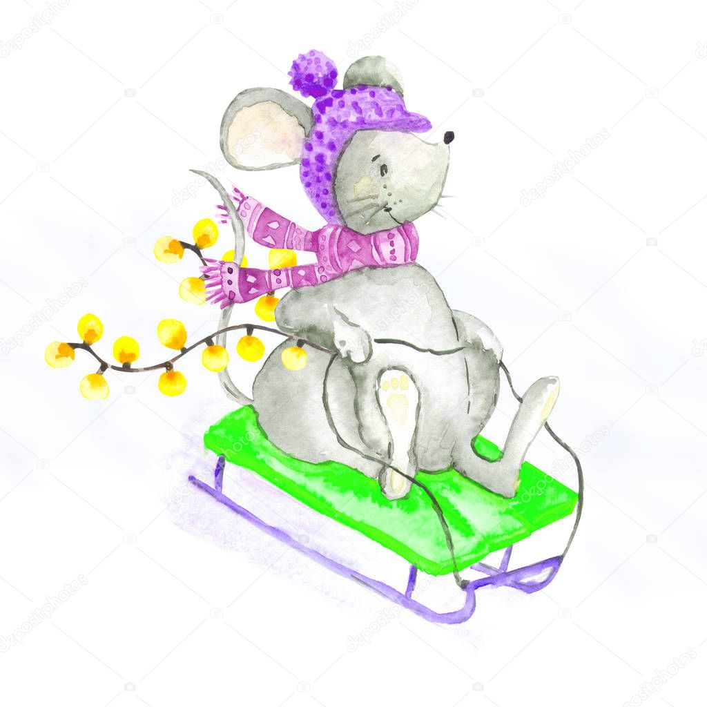 A gray mouse rolls down a sled from a mountain. Concept Christmas and winter fun.
