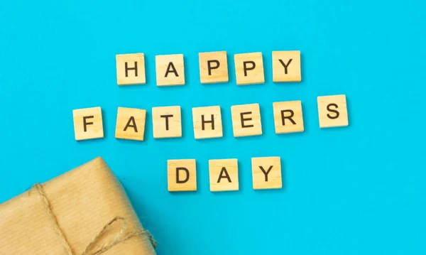 Inscription Wooden Letters Happy Father Day Flat Layout Congratulations Blue — Stock Photo, Image