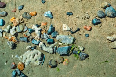 Renkli deniz taşları, doğal arka plan, doku. Renkli deniz taşlarının yakın çekim dokusu. Deniz arka planı ve plaj.