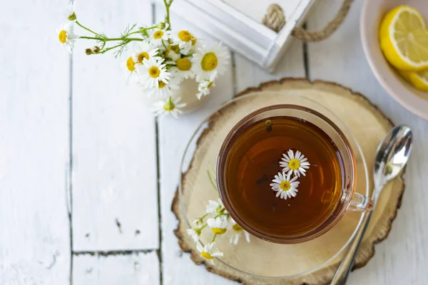 Bir fincan papatya çayı ve beyaz tahta üzerinde papatya çiçekleri olan bitki çayı. Yakınlarda bir vazo beyaz çiçek duruyor. Boşluğu kopyala