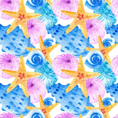 Mavi kabuklu suluboya desenler ve beyaz arka planda turuncu deniz balıkları. Kartpostallar, desenler, afişler, posterler, denizcilik duvar kağıtları, hediye ambalajları veya giysi baskıları için mükemmel..