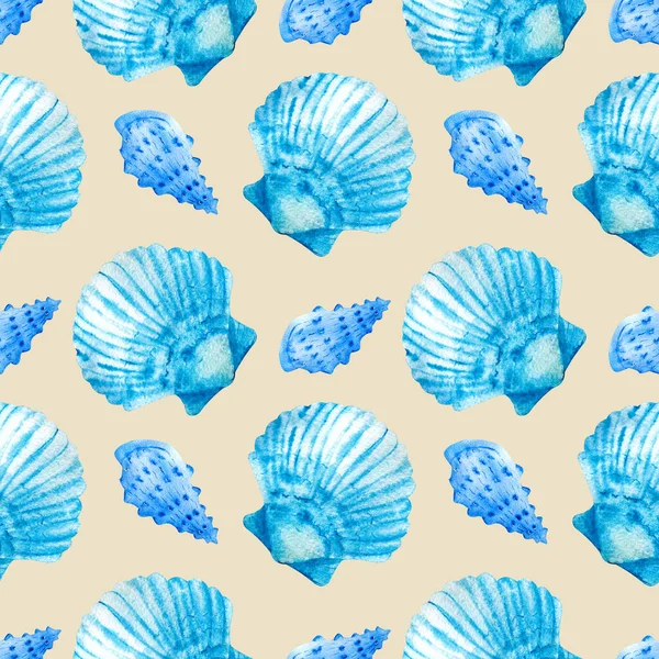 Bezszwowe Wzory Akwarelowe Niebieskimi Muszelkami Beżowym Tle Idealny Pocztówki Wzory — Zdjęcie stockowe