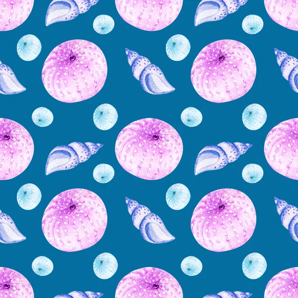 青を基調にピンク 紫の貝殻で手描きの水彩のシームレスなパターン ポストカード パターン バナー ポスター ギフトラッピング または服のプリントに最適です — ストック写真