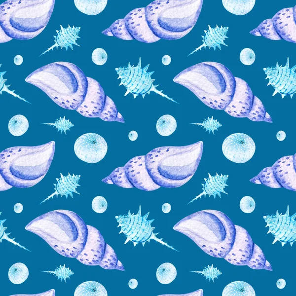 Patrones Sin Costura Acuarela Con Conchas Azules Sobre Fondo Azul —  Fotos de Stock
