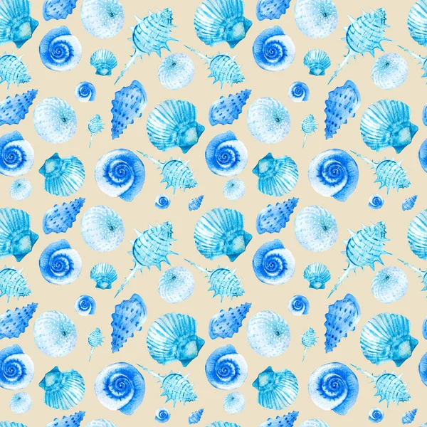 Bezszwowe Wzory Akwarelowe Niebieskimi Muszelkami Beżowym Tle Idealny Pocztówki Wzory — Zdjęcie stockowe