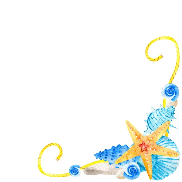 水彩框架角与海贝壳和蜗牛的白色背景 海洋构图说明 手绘明信片设计模板的客户端 — 图库照片