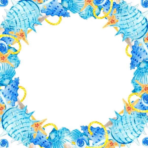 白い背景に貝殻 星やカタツムリと水彩正方形のフレーム 海洋組成図 手書きのポストカードデザインテンプレートのためのクリップアート — ストック写真