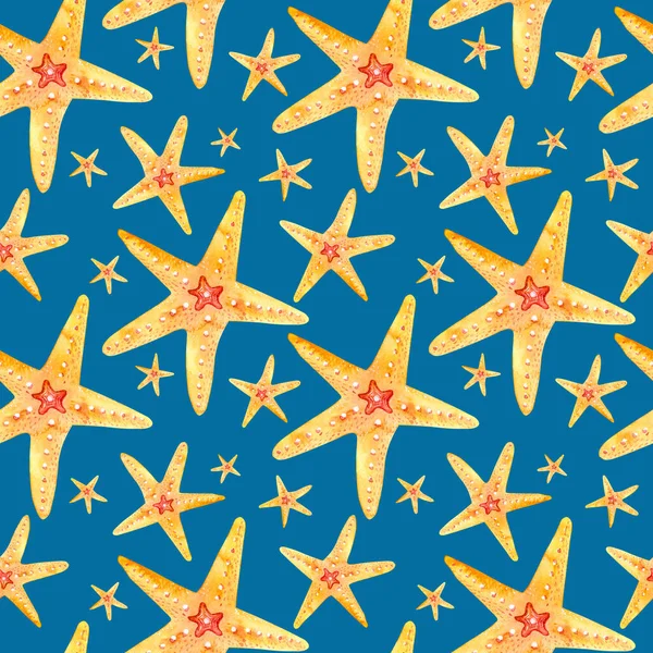 Akwarela Bezszwowe Wzory Ręcznie Rysowane Pomarańczowymi Rozgwiazdy Niebieskim Tle Idealny — Zdjęcie stockowe