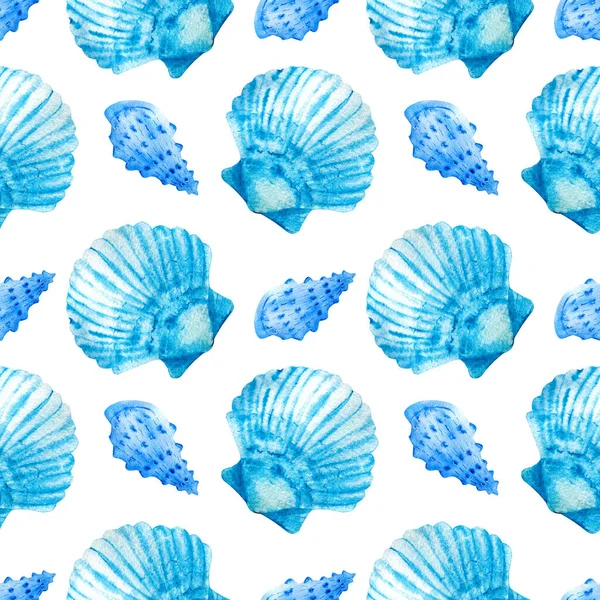 白い背景に青い貝殻で水の色のシームレスなパターン ポストカード パターン バナー ポスター ギフトラッピング または服のプリントに最適です — ストック写真