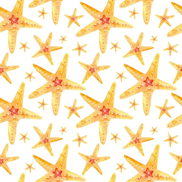 Akwarela Bezszwowe Wzory Ręcznie Rysowane Pomarańczowymi Rozgwiazdy Białym Tle Idealny — Zdjęcie stockowe