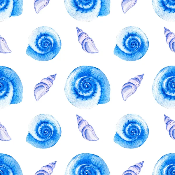Beyaz Arka Planda Mavi Deniz Kabukları Olan Dikişsiz Suluboya Desenler — Stok fotoğraf