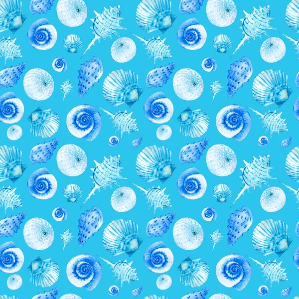 青い背景に青い貝殻で水彩のシームレスなパターン ポストカード パターン バナー ポスター ギフトラッピング または服のプリントに最適です — ストック写真