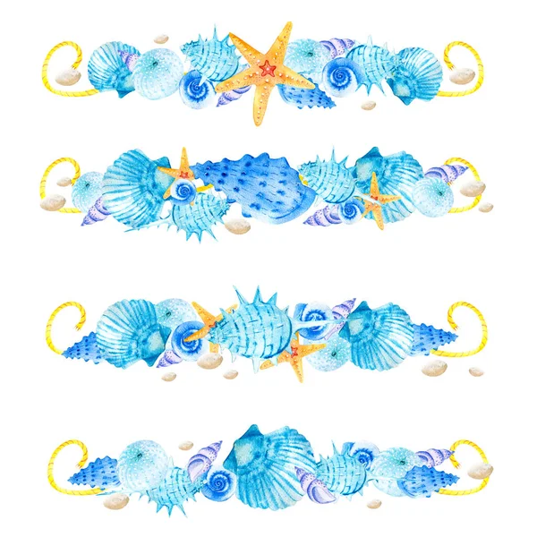 Watercolor clipart compositions for decoration with blue sea shells, orange starfish and snails on a white background. Marine composition. Illustrations for postcard design template hand-drawn.