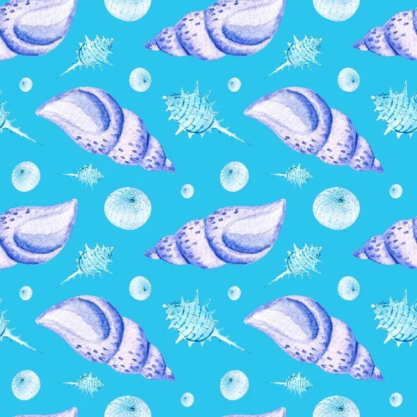 Watercolor Seamless Patterns Blue Seashells Blue Background Perfect Postcards Patterns — Stock Photo, Image