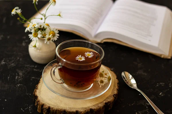 English Tea Chamomile Stands Wooden Frame Teaspoon Open Book Reading — Stock Photo, Image