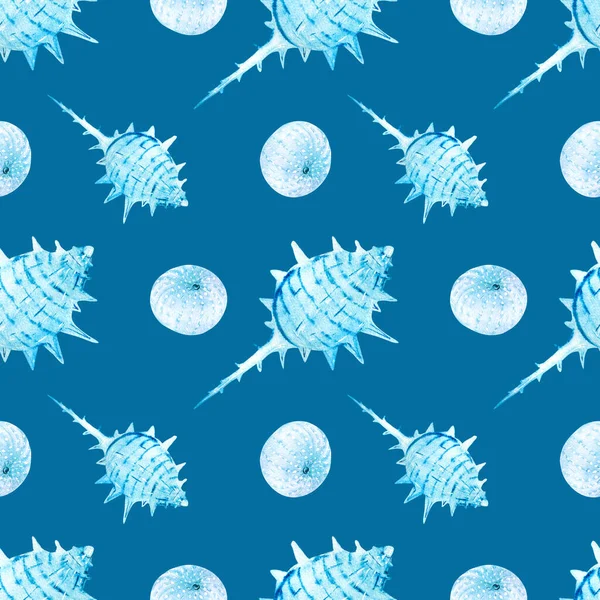Aquarell Nahtlose Muster Mit Blauen Muscheln Auf Blauem Hintergrund Perfekt — Stockfoto