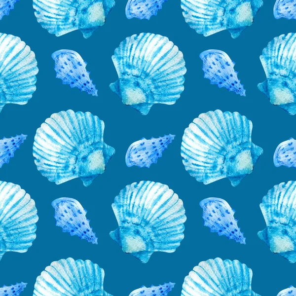 青い背景に青い貝殻で水彩のシームレスなパターン ポストカード パターン バナー ポスター ギフトラッピング または服のプリントに最適です — ストック写真