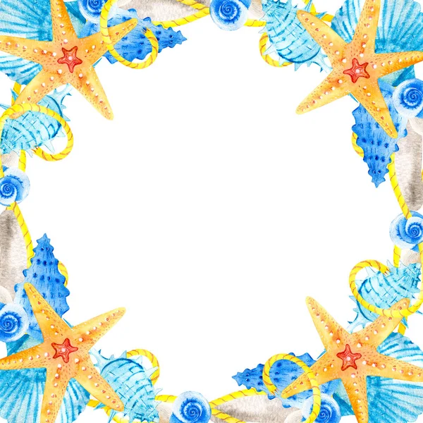 白い背景に貝殻 星やカタツムリと水彩正方形のフレーム 海洋組成図 手書きのポストカードデザインテンプレートのためのクリップアート — ストック写真