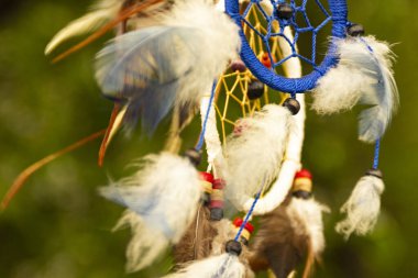 Rüya yakalayıcılar rüzgarda, bitkilerin bulanık yeşil arka planlarına karşı fotokopi alanı, sembol, gelenek ve işaretlerle evrim geçirirler. boho tarzı
